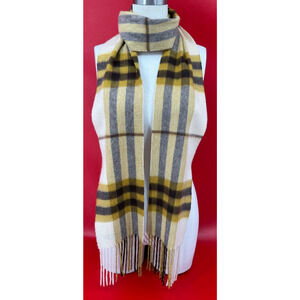 Burberry 100% Cashmere Gold Black Nova Check Plaid Scarf With Fringes